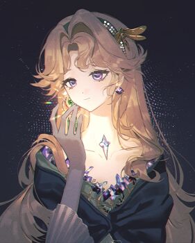 1girl absurdres beryl_bouanich black_background black_cloak blonde_hair blue_eyes cloak closed_mouth crescent crescent_earrings crystal_earrings dragonfly_hair_ornament earrings floating_earrings hand_up highres jewelry light176 long_hair long_sleeves looking_at_viewer mismatched_earrings reverse:1999 smile solo upper_body