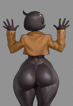1girl absurdres ass ass_focus black_bodysuit black_hair bodysuit bodysuit_under_clothes brown_jacket emma_(pokemon) facing_away from_behind grey_background hair_ornament highres huge_ass jacket nintendo pokemon pokemon_legends:_z-a short_hair simple_background spiralnoww1 thick_thighs thighs