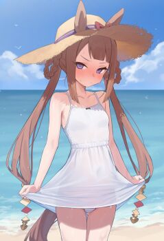1girl ai-generated animal_ears artist_request bare_shoulders beach blush braid brown_hair brown_hat brown_tail closed_mouth clothes_lift collarbone dress embarrassed female_focus flat_chest hat highres horse_ears horse_girl horse_tail imminent_penetration imminent_vaginal legs loli long_hair looking_at_viewer midriff miniskirt navel no_bra outdoors panties purple_eyes see-through_clothes see-through_dress see-through_skirt sexually_suggestive skirt skirt_lift sleeveless sleeveless_dress solo solo_focus stomach straw_hat sundress sweat sweatdrop sweep_tosho_(umamusume) tail thighs twintails umamusume underwear very_long_hair water wet wet_clothes wet_dress white_dress white_panties white_skirt