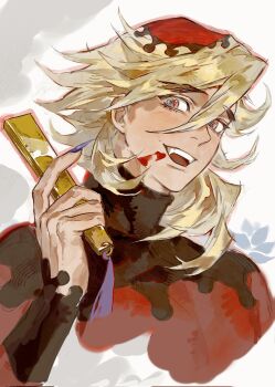 1boy black_shirt blonde_hair blood blood_on_face commentary douma_(kimetsu_no_yaiba) fangs fingernails folded_fan folding_fan forked_eyebrows hair_between_eyes hand_fan hand_up hashtag-only_commentary highres holding holding_fan kimetsu_no_yaiba long_hair long_sleeves looking_at_viewer male_focus multicolored_eyes open_mouth rainbow_eyes red_shirt sansanpai sharp_fingernails shirt simple_background smile solo swept_bangs teeth text_in_eyes turtleneck turtleneck_shirt two-tone_shirt upper_body upper_teeth_only white_background