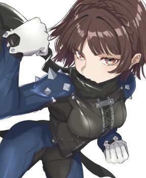 Rule 34 | 1girl, biker clothes, bikesuit, black scarf, blue bodysuit, blunt bangs, blush, bodysuit, braid, breasts, brown hair, clenched hands, commentary request, crown braid, gloves, highres, long scarf, long sleeves, looking at viewer, medium breasts, niijima makoto, persona, persona 5, queen (persona 5), red eyes, s-m-53413, scarf, short hair, shoulder spikes, simple background, solo, spikes, white background, white gloves