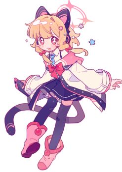 Rule 34 | 1girl, absurdres, animal ear headphones, animal ears, black skirt, black thighhighs, blonde hair, blue archive, blue necktie, blush stickers, boots, bow, cat ear headphones, cat ears, cat tail, collared shirt, fake animal ears, fake tail, fang, fanqiealxe, full body, hair bow, halo, handheld game console, hashtag-only commentary, headphones, highres, holding, holding handheld game console, jacket, long sidelocks, long sleeves, low-tied sidelocks, medium hair, momoi (blue archive), necktie, nintendo switch, open mouth, pink boots, pink eyes, pink halo, red bow, shirt, sidelocks, simple background, skirt, solo, star-shaped pupils, star (symbol), symbol-shaped pupils, tail, thighhighs, white background, white shirt