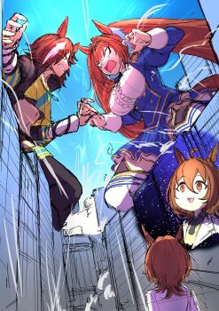 3girls :d agnes_tachyon_(tach-nology)_(umamusume) agnes_tachyon_(umamusume) ahoge aiguillette ankle_boots arguing black_footwear black_jacket black_necktie black_shirt black_thighhighs blue_bow blue_bowtie blue_jacket blue_skirt boots bow bowtie breasts brown_eyes brown_hair building buttons center_frills collared_shirt commentary daiwa_scarlet_(umamusume) double-breasted epaulettes framed_breasts frilled_shirt frills garter_straps giant giantess hair_intakes highres horse_girl jacket juliet_sleeves lab_coat large_breasts layered_skirt long_hair long_sleeves looking_at_another meme messy_hair midriff miniskirt multicolored_hair multiple_girls navel necktie open_mouth overskirt pleated_skirt puffy_sleeves same_kujira_(challenger_310) shirt short_hair skirt smile space_cat_(meme) streaked_hair sweater sweater_vest symbol-only_commentary thigh_boots thighhighs twintails umamusume underbust very_long_hair vodka_(umamusume) white_footwear white_hair white_shirt white_skirt white_thighhighs yellow_shirt yellow_sweater