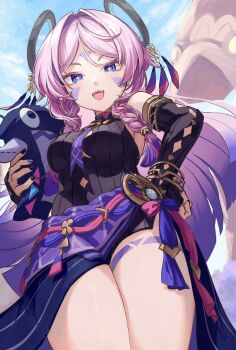 1girl absurdres armlet blue_eyes blue_sky bracelet breasts citlali_(genshin_impact) cloud cloudy_sky commentary_request cowboy_shot day detached_sleeves dress feathers genshin_impact gold_armlet gold_bracelet hair_ornament hand_on_own_hip highres holding holding_pillow itzpapa_(genshin_impact) jewelry loincloth long_hair looking_at_viewer medium_breasts multicolored_feathers neneneneko open_mouth outdoors pillow pink_feathers pink_hair pink_pupils purple_feathers purple_nails purple_shirt shirt sidelocks single_detached_sleeve sky sleeveless sleeveless_dress solo standing thighs vision_(genshin_impact)