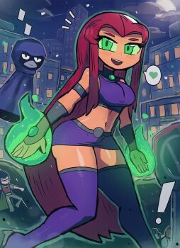 2girls 3boys absurdres alien animal armband batman_(series) beast_boy_(dc) black_hair black_mask blush boots breasts building cape cartoon_network cloak cloud colored_sclera colored_skin cyborg cyborg_(dc) dark_skin dc_comics domino_mask energy eye_mask floating green_cape green_eyes green_pants green_sclera grin heart highres hood hood_up hooded_cloak long_hair looking_at_viewer mask medium_breasts midriff moon multiple_boys multiple_girls navel night open_mouth orange_skin pants purple_cloak purple_footwear purple_shirt purple_skirt raven_(dc) red_hair red_shirt road_sign robin_(dc) shirt short_hair short_sleeves sign skirt sky skyscraper sleeveless sleeveless_shirt smile speech_bubble spoken_heart star_(sky) starfire starry_sky superhero_costume teen_titans teeth thick_thighs thigh_boots thighs tony_welt waving wide_hips