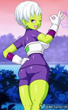 1girl ass ass_focus breasts cheelai colored_skin dragon_ball dragon_ball_super green_skin highres large_breasts pink_eyes sexually_suggestive short_hair shorts solo white_hair