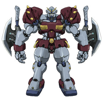 alternate_form arm_blade armor axe commentary_request full_body g_gundam gundam highres joints ledjoker07 looking_at_viewer lumber_gundam mecha mobile_suit no_humans no_pupils robot robot_joints science_fiction shoulder_armor shoulder_spikes simple_background solo spikes standing v-fin weapon white_background yellow_eyes