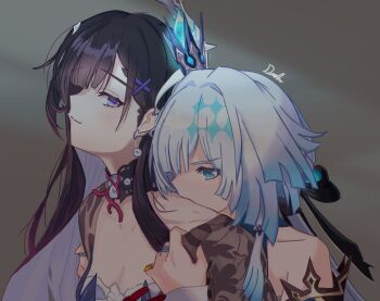 Rule 34 | 2girls, artist name, bare shoulders, biting, black hair, blue eyes, blue hair, breasts, cerydra (honkai: star rail), cleavage, closed mouth, collar, commentary, crown, dashikonwritter, derivative work, english commentary, grey background, honkai: star rail, honkai (series), hysilens (honkai: star rail), jewelry, long hair, mini crown, multiple girls, neck biting, purple eyes, ring, smile, yuri