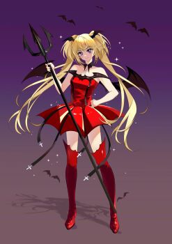 1girl absurdres bare_arms bare_shoulders black_choker black_wings blonde_hair boots choker demon_wings dress full_body gradient_background hand_on_own_hip hand_up head_wings highres holding holding_polearm holding_weapon hoshina_utau legs_apart long_hair looking_at_viewer lunatic_charm polearm purple_background purple_eyes qingmang_yelan red_boots red_dress shadow short_dress shugo_chara! smile solo standing strapless strapless_dress thigh_boots trident twintails weapon wings