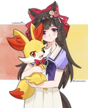 Rule 34 | 1girl, animal ears, blush, bow, bowtie, breasts, brown hair, closed mouth, commentary request, daiichi ruby (umamusume), drill hair, drill sidelocks, ear flower, fang, fennekin, flower, fox, gen 6 pokemon, hair bow, hair ornament, highres, holding, holding pokemon, horse ears, horse girl, horse tail, long hair, looking at viewer, nintendo, open mouth, pleated skirt, pokemon, pokemon (creature), puffy short sleeves, puffy sleeves, purple bow, purple bowtie, purple eyes, purple shirt, red bow, red eyes, sailor collar, sailor shirt, saramiao-chan, school uniform, shirt, short sleeves, side drill, sidelocks, skirt, smile, tail, tracen school uniform, twin drills, umamusume, white sailor collar, white skirt, yellow fur