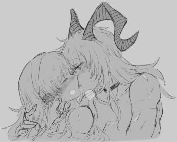 2girls aoi_(aoisaka) bare_shoulders blush breasts choker collarbone commentary curled_horns english_commentary facing_another grey_background greyscale horns implied_nudity kiss long_hair looking_at_another mole mole_on_breast monochrome multiple_girls phoebe_(wuthering_waves) saliva saliva_trail simple_background toned toned_female wuthering_waves yuri zani_(wuthering_waves)