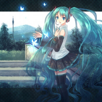 aqua_eyes aqua_hair bug butterfly detached_sleeves hatsune_miku headset insect long_hair necktie skirt solo thighhighs twintails very_long_hair vocaloid yakka zettai_ryouiki
