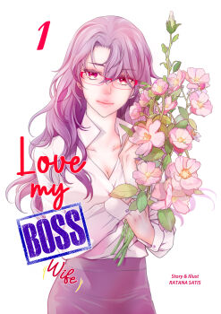 Rule 34 | 1girl, absurdres, artist name, breasts, cleavage, closed mouth, commentary, copyright name, cover, earrings, english commentary, flower, flower request, highres, holding, holding flower, jewelry, lips, long hair, long sleeves, looking at viewer, love my boss wife, official art, phurisa (love my boss wife), pink flower, ratana satis, red-framed eyewear, red eyes, shirt, simple background, solo, white background, white shirt
