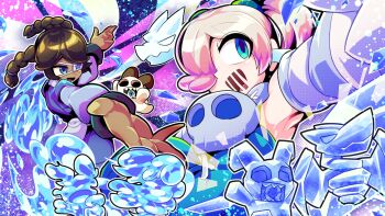 annie_(skullgirls) belt belt_pouch boots braid cosplay detached_collar detached_sleeves dress elsa_(frozen) elsa_(frozen)_(cosplay) eyepatch hair_over_one_eye highres ice_crystal kanpei_kankitu katara katara_(cosplay) leviathan_(skullgirls) object_through_head pouch reaching reaching_towards_another sagan_(skullgirls) short_sword side_ponytail skirt skull skullgirls squigly_(skullgirls) star_(symbol) stitches striped_sleeves stuffed_animal stuffed_rabbit stuffed_toy sword thigh_boots twin_braids weapon zombie