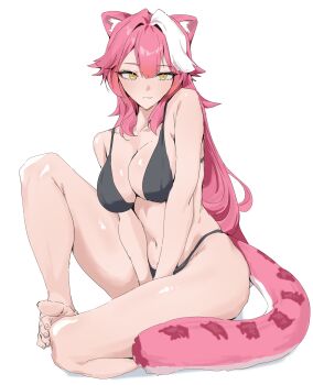 1girl absurdres animal_ears barefoot between_thighs bikini black_bikini blush breasts closed_mouth collarbone commentary fang feet hair_intakes hand_between_own_legs highres hololive hololive_english knee_up large_breasts long_hair looking_at_viewer multicolored_hair navel panther_ears panther_girl panther_tail pink_hair pink_tail raora_panthera simple_background sio4_4 sitting skin_fang smile solo stomach streaked_hair swimsuit tail thighs toes two-tone_hair v_arms virtual_youtuber white_background white_hair yellow_eyes