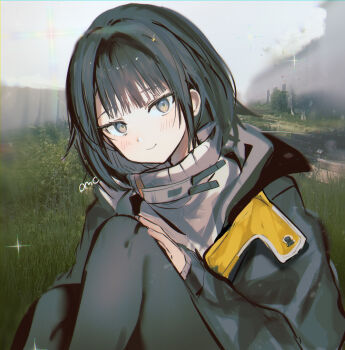 1girl arknights arknights:_endfield barefoot black_hair black_jacket black_pantyhose blush commentary_request endministrator_(arknights) female_endministrator_(arknights) grass hand_on_own_knee highres jacket knees_up looking_at_viewer n_xo_q outdoors pantyhose pond short_hair signature sitting smile sweater white_sweater yellow_eyes