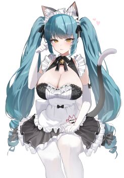 1girl animal_ears apron aqua_hair black_dress breasts cat_ears cat_tail cleavage commentary dress elbow_gloves fake_animal_ears fake_tail gloves goddess_of_victory:_nikke heart highres huge_breasts juo_ill long_hair looking_at_viewer maid maid_apron maid_headdress official_alternate_costume parted_lips privaty_(nikke) privaty_(unkind_maid)_(nikke) simple_background solo tail thighhighs twintails very_long_hair white_apron white_background white_gloves white_thighhighs yellow_eyes