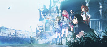 4girls 5girls abandoned ahoge album_cover arch backpack bag bird black_pantyhose blue_hair bow bowtie broken_window character_request closed_mouth clothes_around_waist column cover darling_in_the_franxx end_card english_text glasses grass green_eyes hair_over_eyes hairband highres hood hood_up hooded_jacket hoodie horns ichigo_(darling_in_the_franxx) ikuno_(darling_in_the_franxx) jacket kneehighs kokoro_(darling_in_the_franxx) lens_flare long_hair looking_at_viewer miku_(darling_in_the_franxx) multiple_girls muted_color necktie official_art open_mouth pantyhose pillar pink_hair plaid_clothes plaid_skirt plant pleated_skirt pointing pointing_to_the_side red_hair ribbon ruins scarf school_uniform short_hair skirt smile socks squatting standing striped_bow striped_bowtie striped_clothes striped_necktie striped_ribbon sweater sweater_around_waist vines wind yoneyama_mai zero_two_(darling_in_the_franxx)
