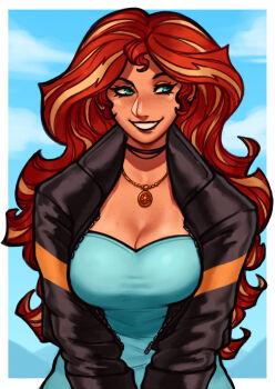 aqua_eyes blue_sky breasts breasts_squeezed_together cleavage cloud cloudy_sky ear_piercing eyelashes highres jacket jewelry large_breasts leather leather_jacket looking_to_the_side multicolored_hair my_little_pony my_little_pony:_equestria_girls my_little_pony:_friendship_is_magic nire_(nirefuster) pendant piercing sky smile sunset_shimmer upper_body
