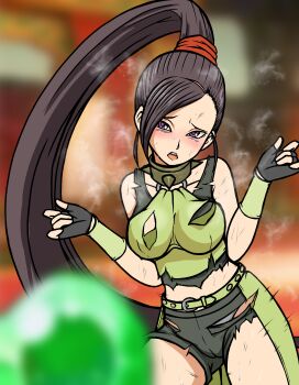 1girl absurdres arm_guards asymmetrical_bangs belt bike_shorts black_gloves black_tank_top blurry blurry_background blurry_foreground breasts brown_hair bustier cameltoe collar commentary_request commission cowboy_shot dirty dirty_clothes dirty_face dragon_quest dragon_quest_xi fingerless_gloves gem gloves green_belt green_bustier green_gemstone grey_shorts heart heart-shaped_pupils heavy_breathing high_ponytail highres looking_at_object martina_(dq11) medium_breasts midori_(bar_midori) motion_lines panties pixiv_commission ponytail purple_eyes shirt shorts solo spiked_collar spikes symbol-shaped_pupils tank_top tongue tongue_out torn_clothes torn_shirt torn_shorts torn_tank_top underwear white_panties