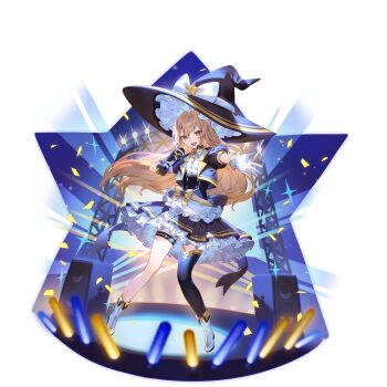 1girl alternate_costume apron asymmetrical_gloves back_bow blonde_hair blue_bow blue_gloves blue_hat blue_skirt blue_thighhighs blue_vest boots bow braid confetti fold-over_boots frilled_skirt frills full_body game_cg gloves glowstick hair_bow hat hat_bow hat_ornament highres holding holding_microphone idol idol_clothes kirisame_marisa long_hair microphone mismatched_gloves neck_ribbon non-web_source official_art open_mouth puffy_short_sleeves puffy_sleeves ribbon second-party_source shirt short_sleeves side_braid single_braid single_thighhigh skirt smile solo speaker stage star_(symbol) star_hat_ornament thigh_strap thighhighs touhou touhou_gensou_eclipse transparent_background u_u_zan very_long_hair vest waist_apron white_apron white_boots white_bow white_gloves white_shirt witch_hat yellow_bow yellow_eyes yellow_ribbon