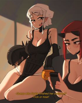 2girls black_dress black_gloves bomb_devil_(chainsaw_man) bomb_devil_(chainsaw_man)_(cosplay) breasts cellphone chainsaw_man cleavage commentary cosplay dress elbow_gloves english_commentary english_text gloves grawlix_(shibansfw) grey_eyes grey_hair halloween_bucket highres holding holding_phone horns large_breasts looking_at_another looking_at_phone multiple_girls open_mouth original panties parted_bangs pelvic_curtain phone raised_eyebrows red_eyes red_hair shibansfw short_hair sitting sleeveless sleeveless_dress smartphone smile talking trick_or_treat underwear white_panties
