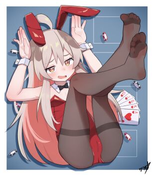 1girl absurdres ace_(playing_card) ace_of_hearts ahoge animal_ears black_bow black_bowtie black_pantyhose boppin bow bowtie breasts brown_eyes cameltoe card colored_inner_hair commentary commission detached_collar fake_animal_ears feet grey_hair hands_up heart highres jack_(playing_card) jack_of_hearts king_(playing_card) king_of_hearts_(playing_card) legs_up leotard loli long_hair looking_at_viewer lying multicolored_hair no_shoes on_back onii-chan_wa_oshimai! open_mouth oyama_mahiro paid_reward_available pantyhose pink_hair playboy_bunny playing_card poker_chip queen_(playing_card) queen_of_hearts_(playing_card) rabbit_ears rabbit_pose red_leotard royal_flush signature small_breasts soles solo strapless strapless_leotard ten_of_hearts thighband_pantyhose toes two-tone_hair white_wrist_cuffs wrist_cuffs