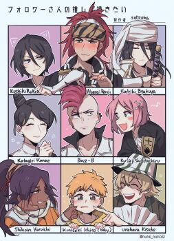 4girls 5boys :d abarai_renji aged_down bazz-b beard_stubble black_hair black_kimono bleach bleach:_sennen_kessen-hen blonde_hair blush_stickers brown_eyes character_name cheek_pinching cheek_poking closed_eyes closed_mouth commentary dark-skinned_female dark_skin drawn_ears dwbidu english_commentary english_text facial_hair fang followers_favorite_challenge hair_between_eyes hat headband highres holding holding_sword holding_weapon japanese_clothes katagiri_kanae kimono kuchiki_byakuya kuchiki_rukia kurosaki_ichigo kusajishi_yachiru long_bangs long_hair looking_at_another mohawk multiple_boys multiple_drawing_challenge multiple_girls open_mouth orange_hair pinching pink_hair poking ponytail purple_eyes purple_hair quincy_(bleach) red_hair shihouin_yoruichi short_hair skin_fang smile sternritter stubble sweatdrop sword teeth twitter_username upper_body upper_teeth_only urahara_kisuke weapon