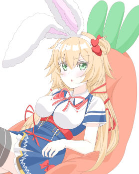 1girl akai_haato akai_haato_(1st_costume) animal_ears blue_eyes blue_skirt collared_shirt fake_animal_ears highres hololive looking_at_viewer one_side_up open_mouth rabbit_ears shirt skirt solo toratora_(nanahaba) twintails virtual_youtuber white_shirt