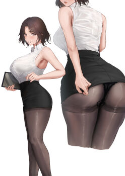 1girl absurdres arm_behind_back armpits aruhi_(pyxk7325) ass black_panties black_pantyhose black_skirt blush bra_visible_through_clothes breasts brown_eyes brown_hair bursting_breasts button_gap collared_shirt commentary_request cropped_legs feet_out_of_frame from_behind from_side highres holding holding_tablet_pc huge_breasts lace lace_panties legs looking_at_viewer microskirt multiple_views office_lady original panties panties_under_pantyhose pantyhose parted_lips pencil_skirt shirt short_hair simple_background skirt skirt_tug sleeveless sleeveless_shirt standing tablet_pc taut_clothes taut_shirt taut_skirt underwear white_background white_shirt wing_collar