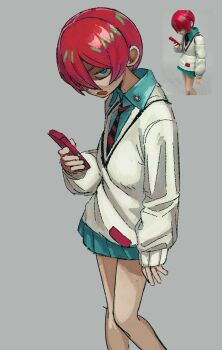 1girl amate_yuzuriha black_necktie blupixl cellphone collared_shirt feet_out_of_frame green_eyes green_shirt green_skirt grey_background gundam gundam_gquuuuuux highres holding holding_phone long_sleeves looking_at_viewer miniskirt necktie open_mouth phone photo-referenced pleated_skirt red_hair red_necktie reference_inset shirt short_hair skirt smartphone solo speech_bubble standing striped_clothes striped_necktie sweater two-tone_necktie white_sweater
