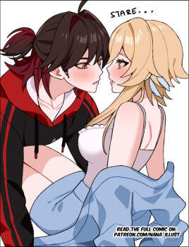 1boy 1girl ahoge bare_shoulders black_hoodie blonde_hair blue_jacket blue_skirt blush brown_hair commentary english_commentary english_text feather_hair_ornament feathers frilled_tank_top gaming_(genshin_impact) genshin_impact hair_intakes hair_ornament hood hoodie jacket jacket_partially_removed looking_at_another lumine_(genshin_impact) multicolored_hair multicolored_hoodie nana_illust red_hair red_hood red_hoodie skirt tank_top two-tone_hair white_background white_tank_top yellow_eyes