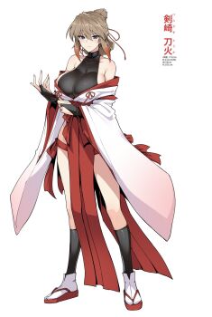 1girl adjusting_clothes adjusting_gloves black_bridal_gauntlets blue_eyes breasts bridal_gauntlets brown_hair commentary commentary_request folded_ponytail full_body gloves halcon highres japanese_clothes large_breasts long_hair looking_at_viewer multicolored_hair original smile solo three_sizes touka_(halcon)