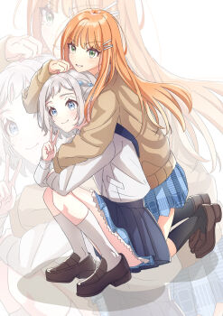 2girls absurdres black_socks blue_ribbon blue_skirt blush braid brown_cardigan brown_shoes cardigan gakuen_idolmaster grey_hair hair_ribbon half_up_braid hatsuboshi_gakuen_school_uniform highres idolmaster jacket katsuragi_lilja kneehighs kneeling loafers long_hair looking_ahead mole mole_under_eye multiple_girls orange_hair pleated_skirt ribbon ribbon_braid school_uniform shiun_sumika shoes short_hair skirt smile socks squatting straight_hair suzuka_202224 v very_long_hair white_jacket white_socks zoom_layer