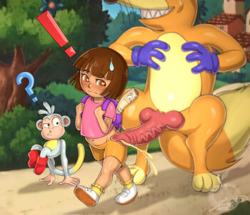 ! 1girl 1other 2boys :| ? algozhell_(lucas_mist) animal_penis artist_logo artist_name backpack bag belly blush boots_the_monkey brown_eyes brown_hair closed_mouth confused dark-skinned_female dark_skin day dora_marquez dora_the_explorer embarrassed erection evil_grin evil_smile eyebrows eyelashes forest fox_boy full_body furry furry_male grin heart heart-shaped_pupils highres logo loli looking_at_penis looking_to_the_side map_(dora_the_explorer) matching_hair/eyes medium_hair monkey multiple_boys nature orange_shorts outdoors penis penis_awe pink_shirt precum purple_bag sharp_teeth shirt shoes short_sleeves shorts smile sneakers socks surprised swiper_the_fox symbol-shaped_pupils teeth testicles uncensored walking white_footwear yellow_socks