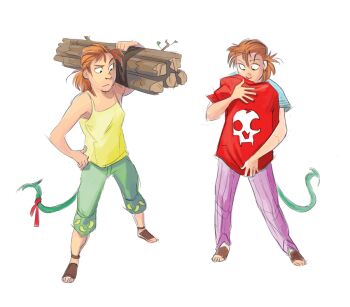 Rule 34 | 1girl, blue shirt, brown sandals, full body, greekceltic, green eyes, green pants, jacky (greekceltic), log, medium hair, multiple persona, orange hair, original, over shoulder, pants, pink pants, red ribbon, red shirt, ribbon, sandals, shirt, simple background, tail, tank top, white background, yellow tank top