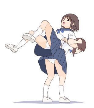 2girls ass black_eyes blue_neckerchief blue_skirt brown_hair carrying carrying_person from_behind kiyo_(kyokyo1220) long_hair low_twintails multiple_girls neckerchief open_mouth original panties school_uniform shirt shoes short_hair short_sleeves skirt smile sneakers socks standing twintails underwear white_background white_panties white_shirt white_shoes white_socks