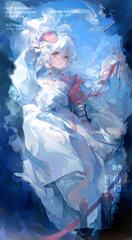 absurdres castle chinese_commentary commentary dress flower highres looking_at_viewer open_mouth pengren_siya pink_eyes tagme white_dress white_hair