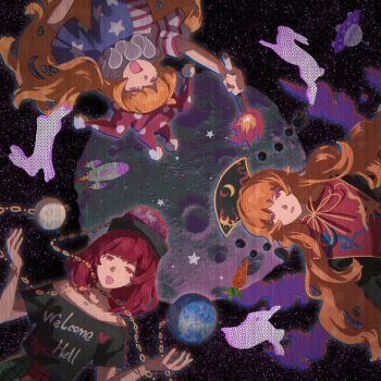 3girls american_flag american_flag_print animal arm_up bare_arms black_dress black_hat black_shirt blue_jumpsuit chain clothes_writing clownpiece collarbone commentary copyright_name crescent_print dalachi_(headdress) dot_nose dress earth_(ornament) eyelashes fire flag_print floating_hair floral_print gold_chain hand_on_own_hip happy hat heart heart_print hecatia_lapislazuli highres holding holding_torch jester_cap jumpsuit junko_(touhou) legacy_of_lunatic_kingdom long_hair looking_at_viewer medium_hair moon moon_(ornament) multicolored_jumpsuit multiple_girls neck_ribbon neck_ruff off-shoulder_shirt off_shoulder open_mouth orange_hair pink_eyes pleated_sleeves polka_dot_headwear pom_pom_(clothes) print_headwear print_jumpsuit print_shirt print_tabard purple_hat purple_wings rabbit red_eyes red_hair red_jumpsuit red_tabard ribbon rocket shirt short_sleeves smile space split-color_clothes star_(symbol) star_print striped_jumpsuit symbol-only_commentary t-shirt tabard tansuyuli textless_version torch touhou underworld_(ornament) upper_body upside-down variant_set very_long_hair wavy_hair white_jumpsuit wings yellow_ribbon