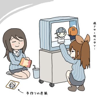 Rule 34 | 2girls, aki (girls und panzer), aqclk, blue sweater, blush, bow, brown hair, chips (food), coat, collared shirt, cup, disposable cup, drinking straw, food, frown, girls und panzer, girls und panzer phase erika, grey skirt, grey socks, hair bow, hand puppet, keizoku school uniform, lili (girls und panzer), long hair, mika (girls und panzer), multiple girls, nishizumi miho, ooarai military uniform, orange ribbon, ponytail, potato chips, puppet, puppet show, ribbon, school uniform, seiza, shirt, sitting, sitting on lap, sitting on person, skirt, smile, socks, sweater, white coat, white shirt, youko (girls und panzer)