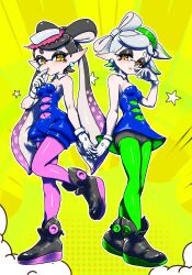 Rule 34 | 2girls, ankle boots, bare shoulders, black hair, black shorts, blue dress, blue jumpsuit, boots, bow-shaped hair, breasts, callie (splatoon), cousins, covered navel, cross-shaped pupils, detached collar, dress, earrings, eyelashes, food, food on head, gloves, gradient hair, green hair, green pantyhose, grey hair, hand up, highres, holding hands, inkling, interlocked fingers, jewelry, jumpsuit, koharu2.5, leg up, long hair, marie (splatoon), mole, mole under eye, multicolored hair, multiple girls, nintendo, object on head, outline, pantyhose, parted lips, pink hair, pink pantyhose, pointy ears, red pupils, short eyebrows, short hair, short jumpsuit, shorts, shorts under dress, small breasts, splatoon (series), splatoon 1, star (symbol), strapless, strapless dress, symbol-shaped pupils, tentacle hair, two-tone hair, very long hair, white gloves, white outline, yellow eyes