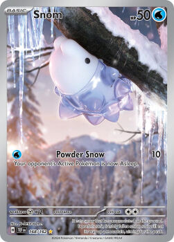 3d animal_focus artist_name blurry blurry_background card_(medium) character_name company_name copyright_name copyright_notice english_text gen_8_pokemon icicle n-design_inc. nintendo no_humans official_art outdoors pokemon pokemon_(creature) pokemon_card pokemon_focus pokemon_tcg snom snow snowing solo third-party_source trading_card tree