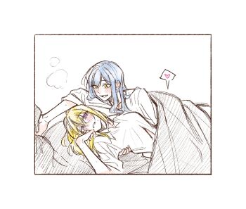 2girls bang_dream! bang_dream!_it's_mygo!!!!! blonde_hair blue_hair blush breath chinese_commentary commentary_request heart highres implied_fingering medium_hair misumi_uika multiple_girls open_mouth parted_lips purple_eyes ra_reityalice shirt spoken_heart sweat togawa_sakiko under_covers yellow_eyes yuri