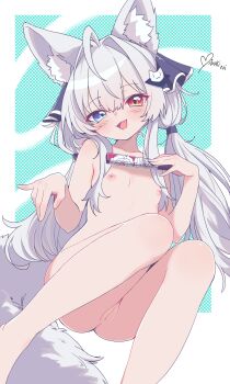 1girl :d absurdres ahoge animal_ear_fluff ass blue_eyes blue_ribbon blush breasts cat_hair_ornament commission completely_nude fang feet_out_of_frame grey_hair grey_tail hair_intakes hair_ornament hair_ribbon hand_fan heterochromia highres holding holding_fan huge_ahoge knees_together_feet_apart knees_up large_tail legs loli long_hair looking_at_viewer low_twintails mibuki_ni nipples nude open_mouth original pussy red_eyes ribbon signature sitting small_breasts smile solo tail twintails uncensored