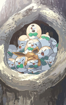 animal_focus beak bird brown_fur closed_eyes closed_mouth eevee gen_1_pokemon gen_7_pokemon highres nintendo no_humans open_mouth owl pokemon pokemon_(creature) pokemon_tail rowlet smile squishing tail tree yamaori_(hakkentai_pokedan)