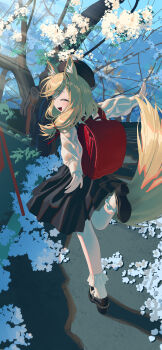 1girl absurdres animal_ear_fluff animal_ears arknights arknights:_endfield black_dress blonde_hair chinese_commentary closed_eyes commentary_request dress flower highres long_hair looking_at_viewer looking_back open_mouth outdoors rossi_(arknights) rui_(rei_leyi) school_uniform smile solo standing standing_on_one_leg tail tree wolf_ears wolf_girl wolf_tail