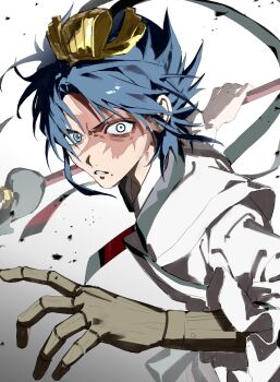1boy 333takoyaki absurdres blue_eyes blue_hair chinese_clothes commentary_request heterochromia highres holding holding_weapon looking_at_viewer magi_the_labyrinth_of_magic male_focus mole mole_under_mouth prosthesis prosthetic_arm ren_hakuryuu scar scar_across_eye scar_on_face simple_background solo upper_body weapon xiao_guan_(headdress)