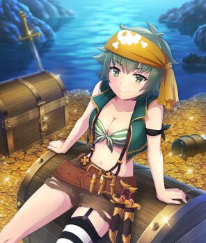 1girl arm_support armband asymmetrical_legwear bandana barrel belt bikini bikini_top_only bikini_under_clothes black_armband black_garter_straps black_thighhighs breasts brown_belt cave cleavage closed_mouth coin collarbone dagger dot_nose feet_out_of_frame front-tie_bikini_top front-tie_top game_cg garter_straps gold_coin green_bikini green_eyes green_hair green_vest jolly_roger knife large_breasts lock looking_at_viewer navel official_art padlock pirate planted sheath sheathed short_hair single_thighhigh skull_and_crossbones smile solo sparkle striped_bikini striped_clothes striped_thighhighs suspenders swimsuit sword tatsunami_momo thighhighs third-party_source toji_no_miko toji_no_miko:_kizamishi_issen_no_tomoshibi treasure_chest vest water weapon white_thighhighs yellow_bandana