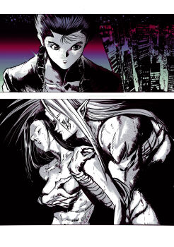 1girl 2boys absurdres bandaged_arm bandages breasts cityscape closed_eyes closed_mouth collarbone dated grabbing_another's_breast groping headband hetero hiei4455 highres jacket long_hair multiple_boys pointy_ears raizen_(yu_yu_hakusho) short_hair sweat tattoo urameshi_atsuko urameshi_yuusuke yuu_yuu_hakusho