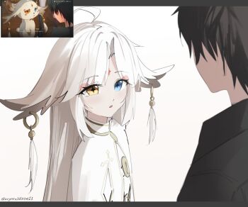 1boy 1other abby_(wuthering_waves) ahoge ambiguous_gender black_hair black_jacket blue_eyes cloak commentary cryne earrings english_commentary game_screenshot_inset hair_flaps heterochromia highres jacket jewelry letterboxed long_hair looking_at_another male_rover_(wuthering_waves) parted_lips personification rover_(wuthering_waves) screenshot_inset symbol-shaped_pupils tacet_mark_(wuthering_waves) twitter_username white_cloak white_hair wuthering_waves yellow_eyes